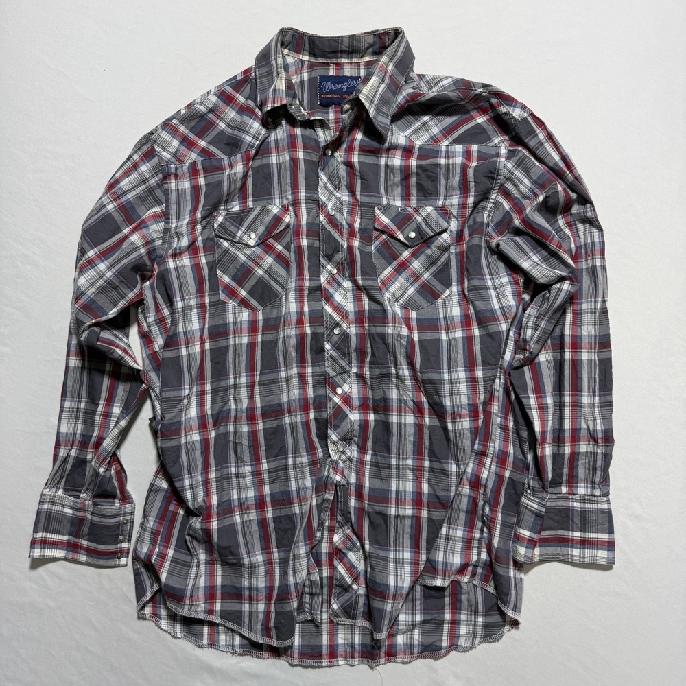Vintage Wrangler Pearl Snap Western Shirt XL Plaid Gray Red X-Long Tails 80s